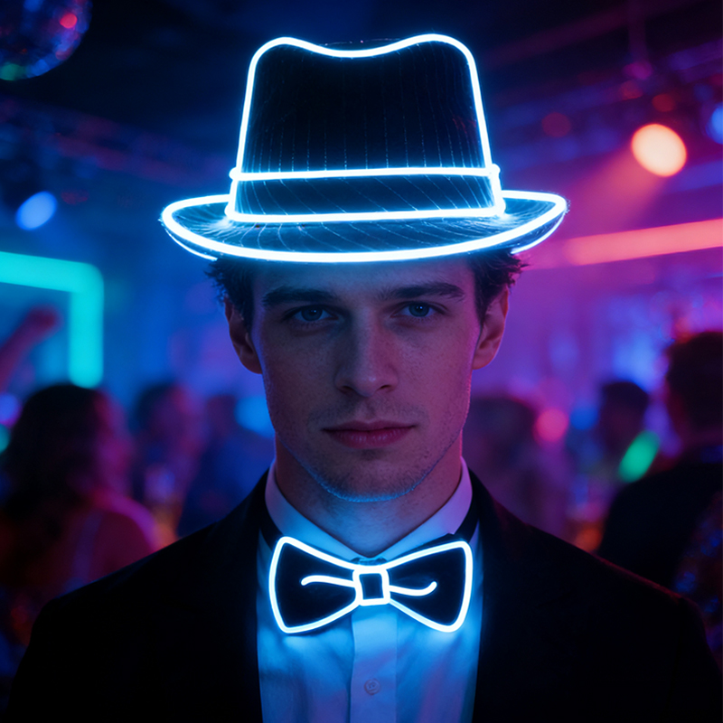 Glow In The Dark Party Glasses - ของขวัญสำหรับผู้ชายสายไฟนีออนเอลหมวกฟีดอร์เรืองแสงไฟ LED ประดับคอเนคไทผู้ชายสำหรับปาร์ตี้งานแต่งงานอุปกรณ์ตกแต่งเวที DJ บาร์คลับ